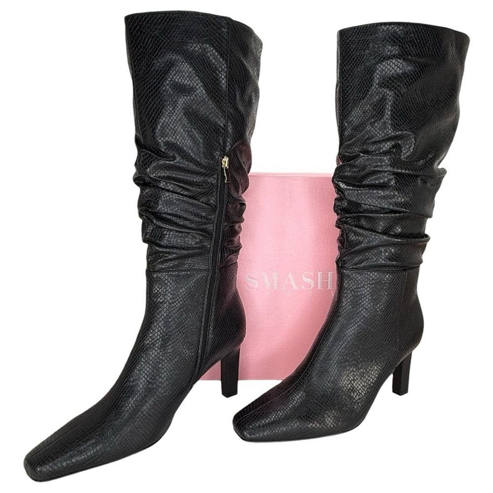 SMASH shoes Fallon Black Faux Snakeskin Knee High Womens Boots Size 8M - Picture 13 of 14